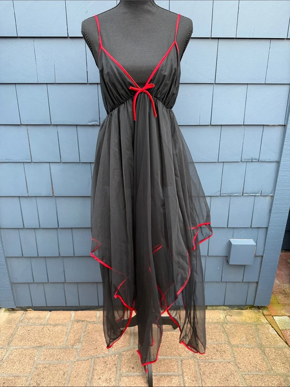 Jill Andrea of New York Vintage Black Mesh Handkerchief Hem Dress with Red Trim